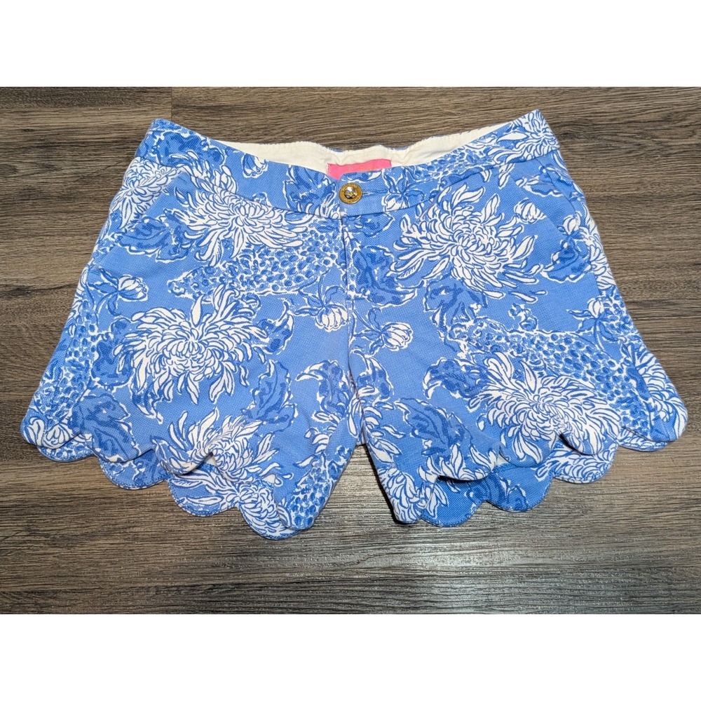 Lilly Pulitzer Buttercup Scallop Hem Shorts Womens 0 Blue White Floral Preppy